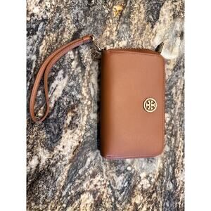 Brown Gold Leather Tory Burch Wristlet Wallet